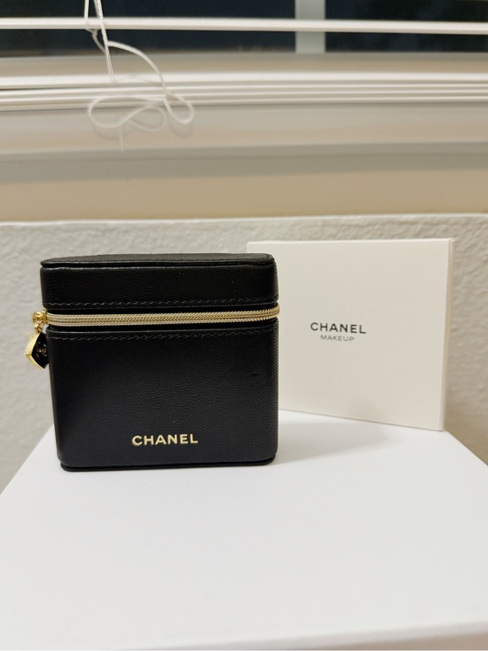 CHANEL Accessories - CHANEL Black Leather Cosmetic Case with Gold Zip and Logo